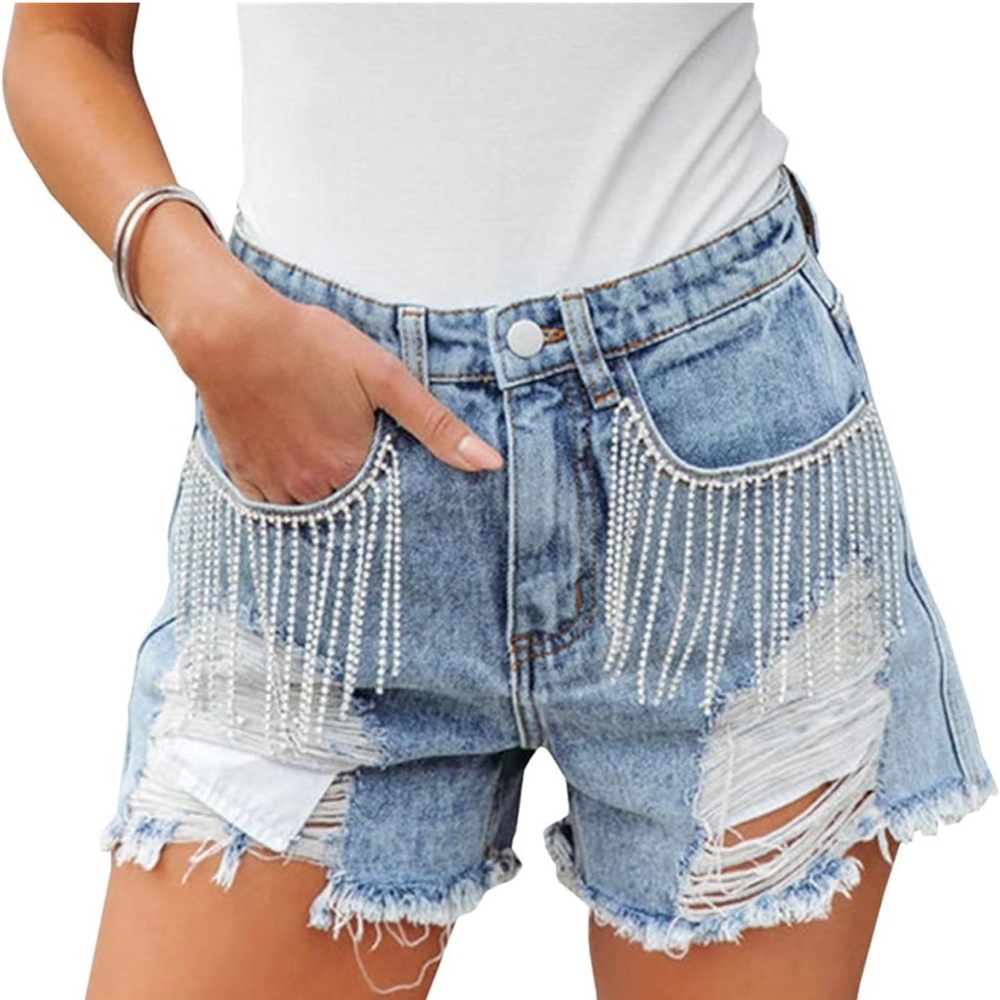 NWT Rhinestone Tassel Ripped Denim Shorts